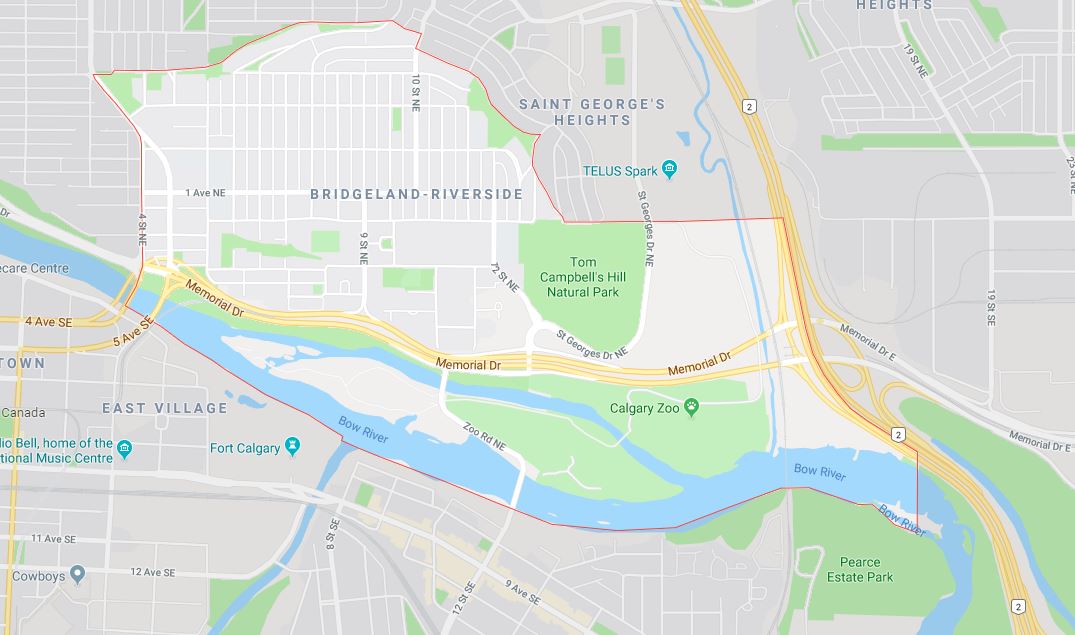Google Map of Bridgeland-Riverside, Calgary, AB