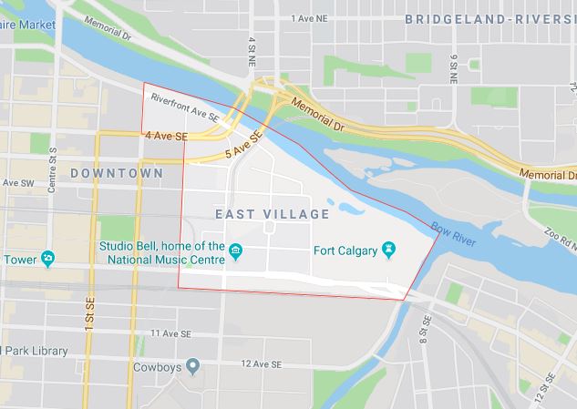 Google Map of Downtown_East_Village, Calgary, AB