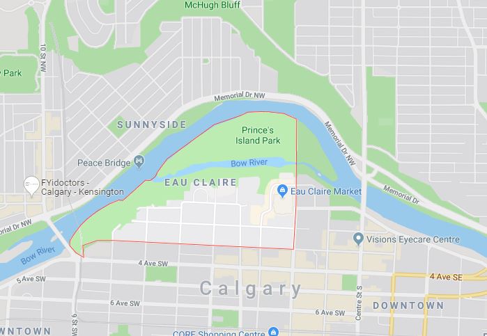 Google Map of Eau_Claire, Calgary, AB
