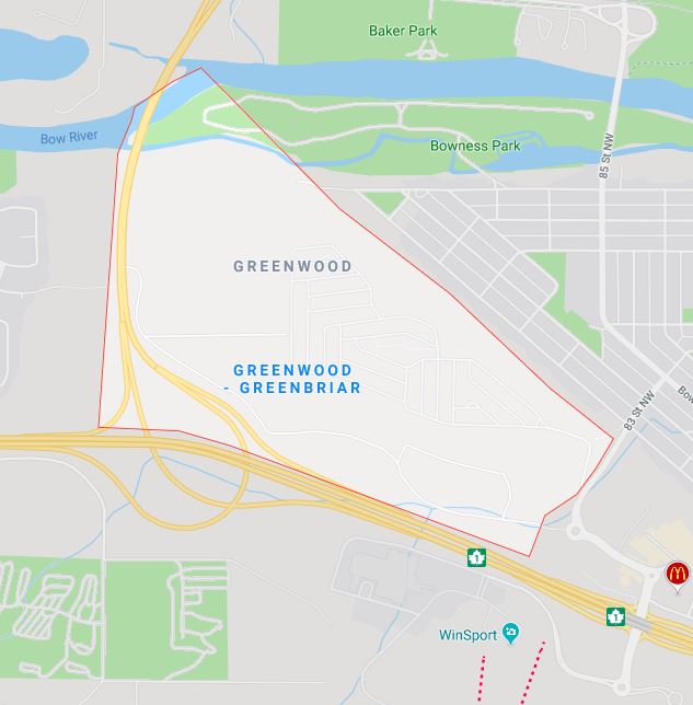 Google Map of Greenwood_Greenbriar, Calgary, AB