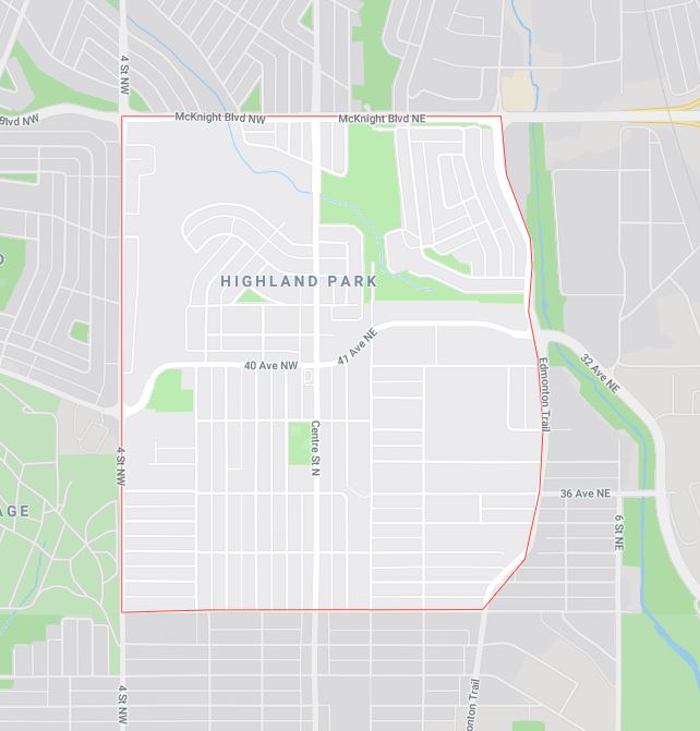 Google Map of Highland_Park, Calgary, AB