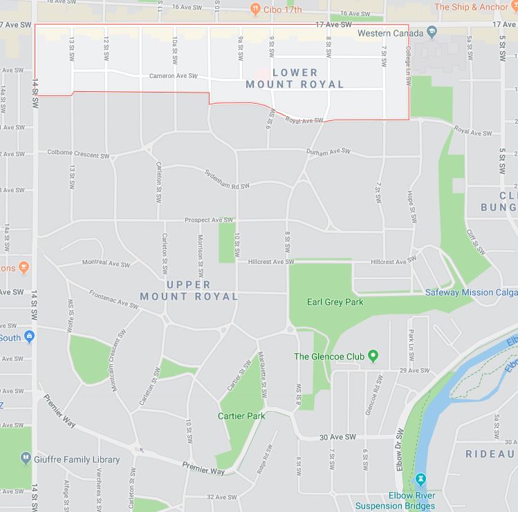 Google Map of Mount Royal Lower, Calgary, AB