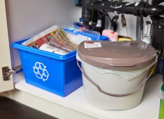 Kitchen composting pail stored under kitchen sink