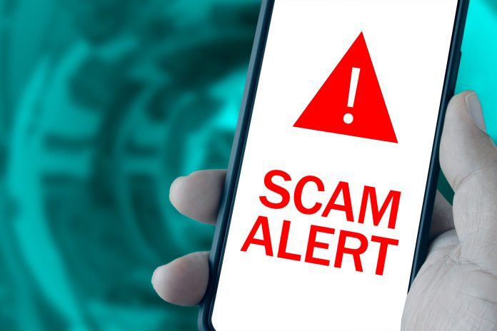 Hand holding a phone that says scam alert